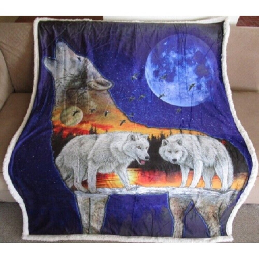 New Wolf Wolves and Moon Sherpa Gift Fleece Throw Blanket Sihouette Orange Sky